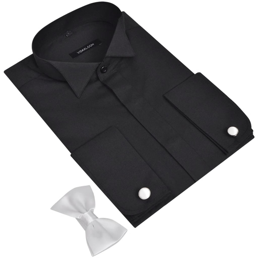 Men's Smoking Shirt with Cufflinks and Bow Tie Size S Black