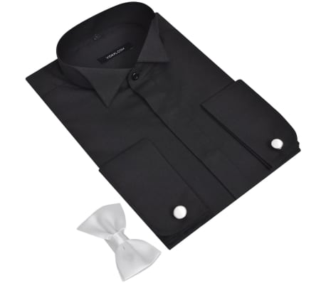 Men's Smoking Shirt with Cufflinks and Bow Tie Size M Black