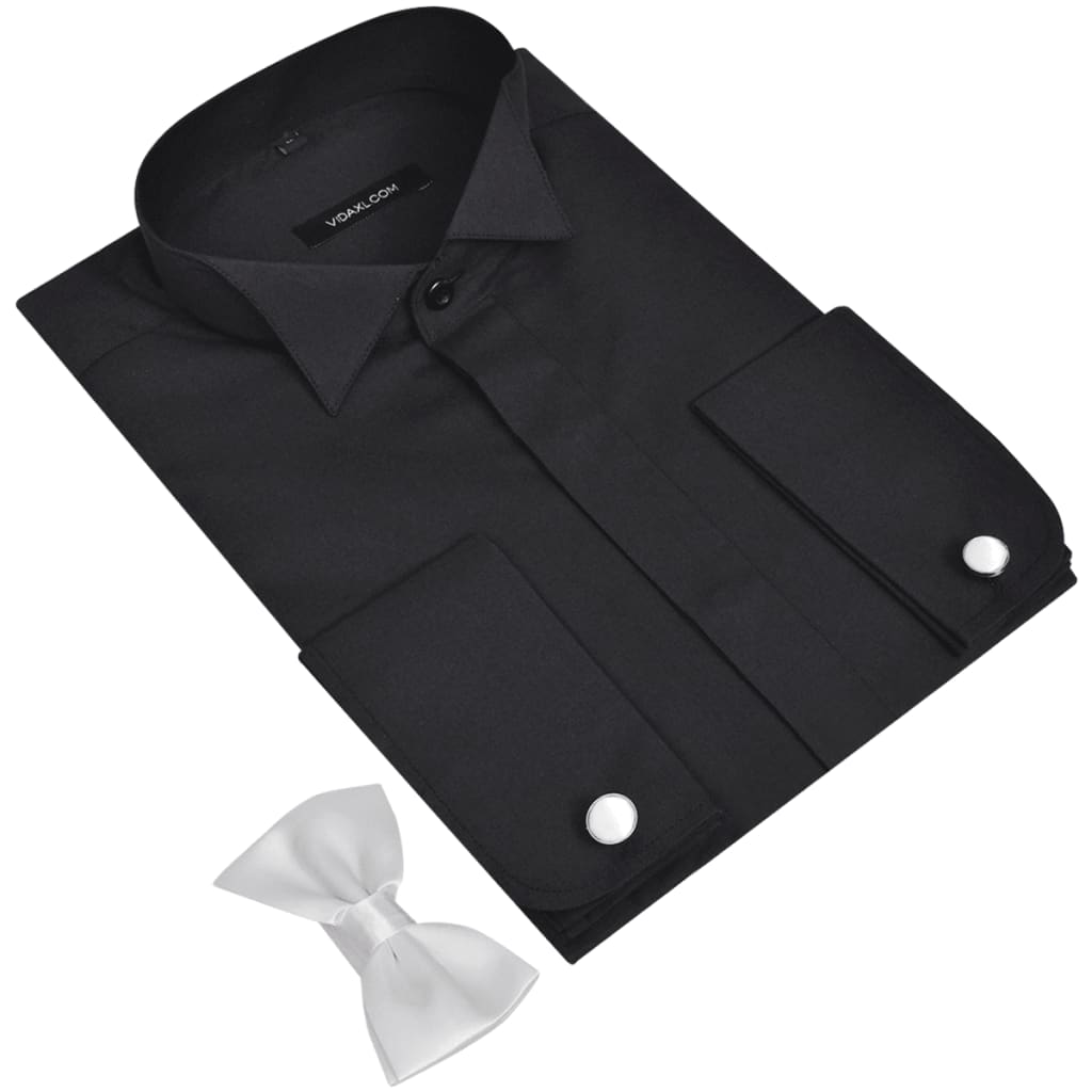 Men's Smoking Shirt with Cufflinks and Bow Tie Size L Black