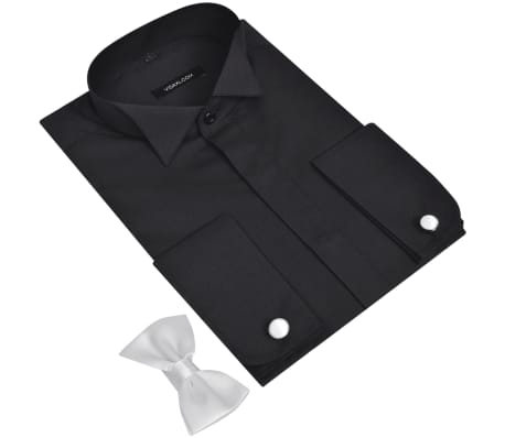 Men's Smoking Shirt with Cufflinks and Bow Tie Size L Black
