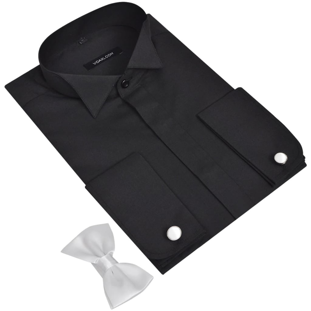 Men's Smoking Shirt with Cufflinks and Bow Tie Size XL Black