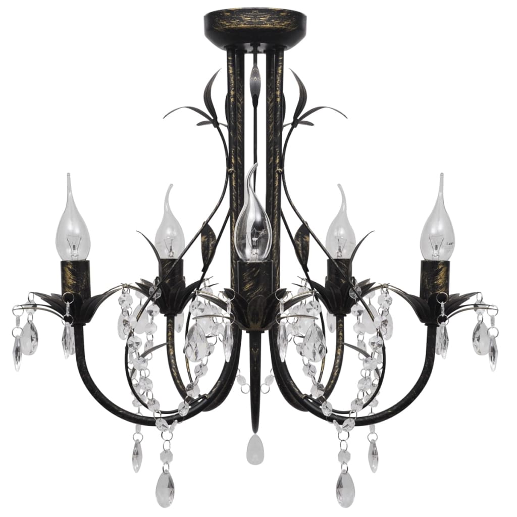 Lampadario Art Nouveau Nero Metallo Perline Cristallo e 5Lampadine E14