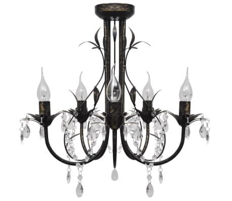 Lampadario Art Nouveau Nero Metallo Perline Cristallo e 5Lampadine E14