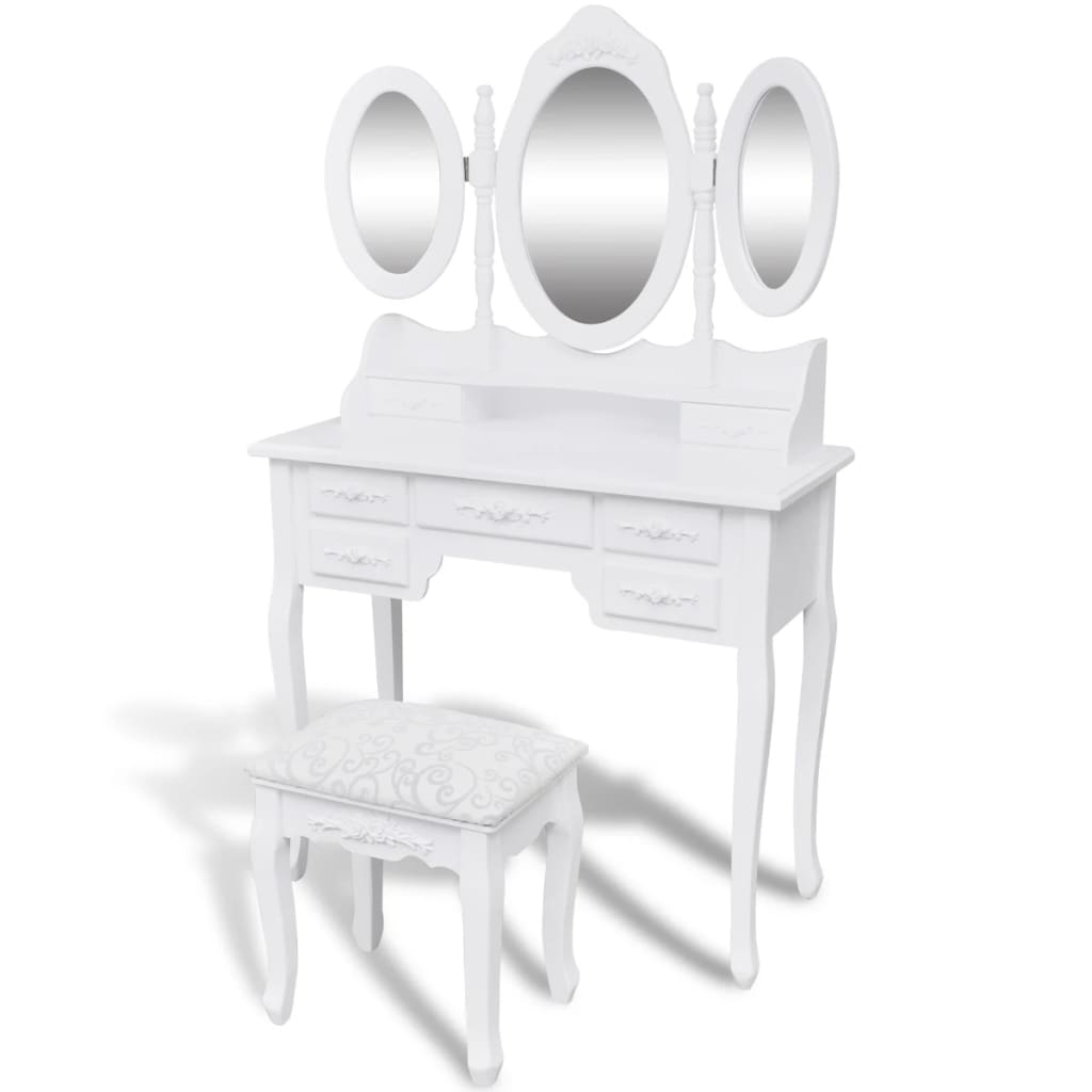 vidaXL Masă de toaletă cu taburet și 3 oglinzi, alb vidaXL imagine noua 2022