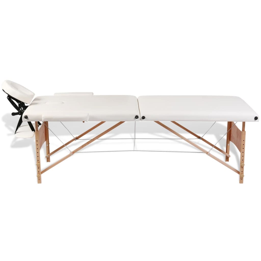 Inklapbare massagetafel 2 zones met houten frame (creme)