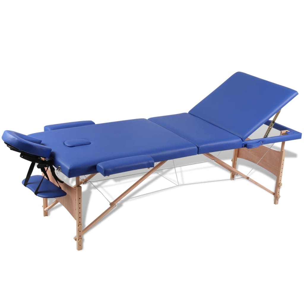 vidaXL Masă masaj pliabilă, 3 zone, albastru, cadru de lemn vidaXL