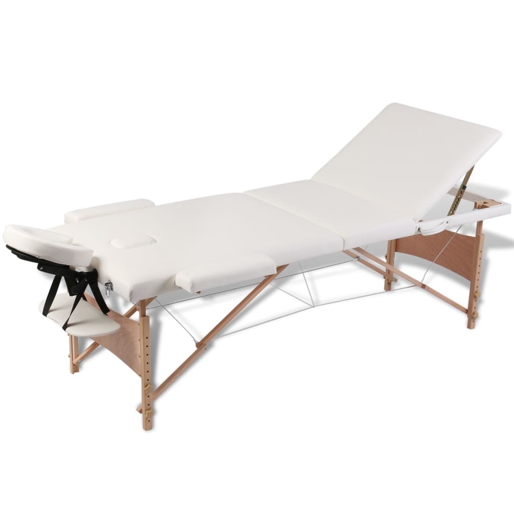 vidaXL Masă de masaj pliabilă, 3 zone, crem, cadru din lemn