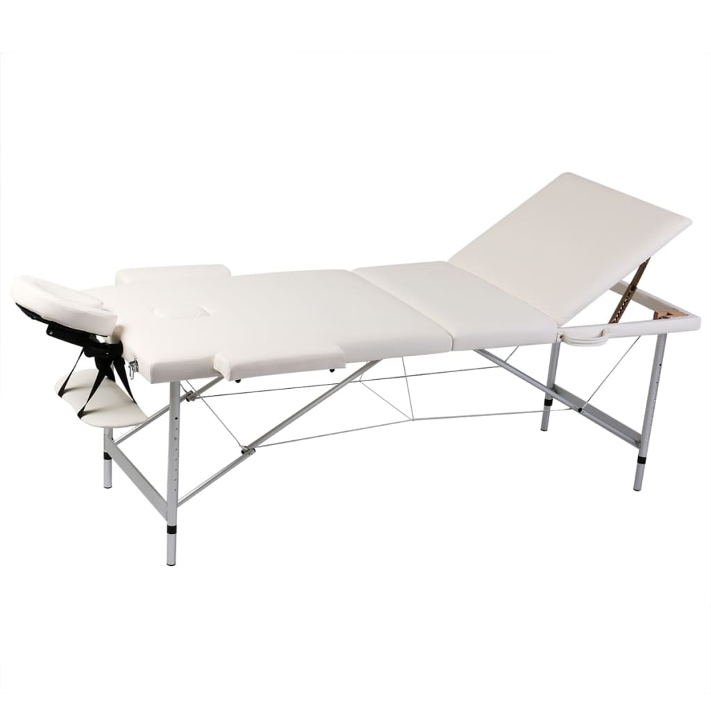 Cremefarvet sammenfoldeligt massagebord med aluminiumsstel,3 zoner