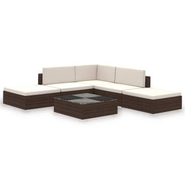 vidaXL 6 pcs conjunto lounge jardim c/ almofadões vime PE castanho[2/8]