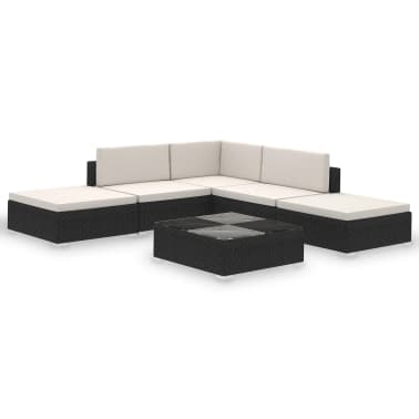 vidaXL 6 pcs conjunto lounge de jardim c/ almofadões vime PE preto[2/7]
