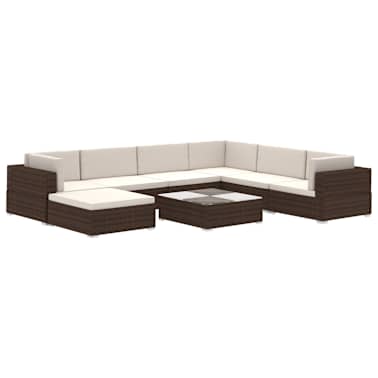 vidaXL 8 pcs conjunto lounge jardim c/ almofadões vime PE castanho[2/8]