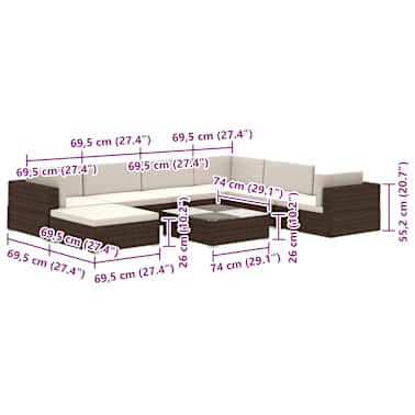vidaXL 8 pcs conjunto lounge jardim c/ almofadões vime PE castanho[7/8]