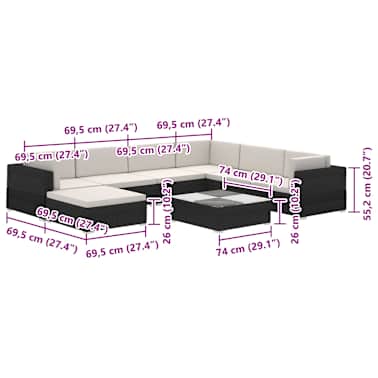 vidaXL 8 pcs conjunto lounge de jardim c/ almofadões vime PE preto[7/7]