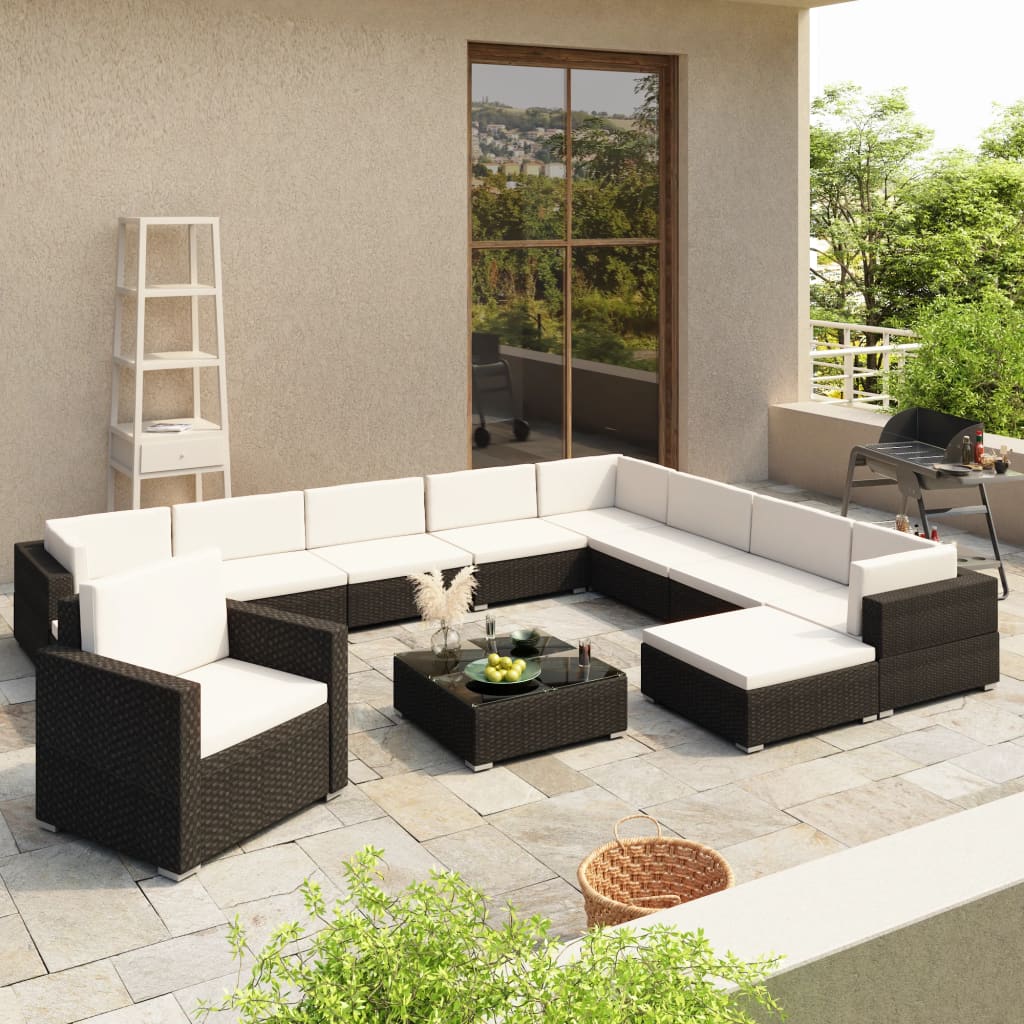 vidaXL 12-tlg. Garten-Lounge-Set mit Auflagen Poly Rattan Schwarz