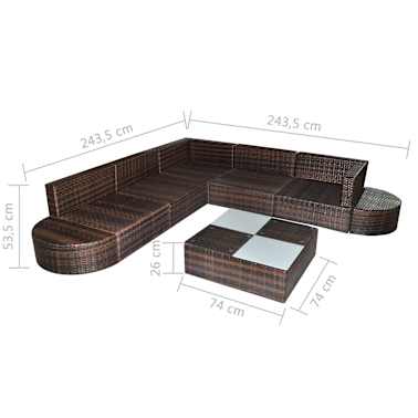 vidaXL 8 pcs conjunto lounge jardim c/ almofadões vime PE castanho[5/5]