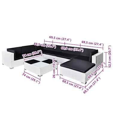 vidaXL 8 pcs conjunto lounge de jardim c/ almofadões vime PE branco[7/7]