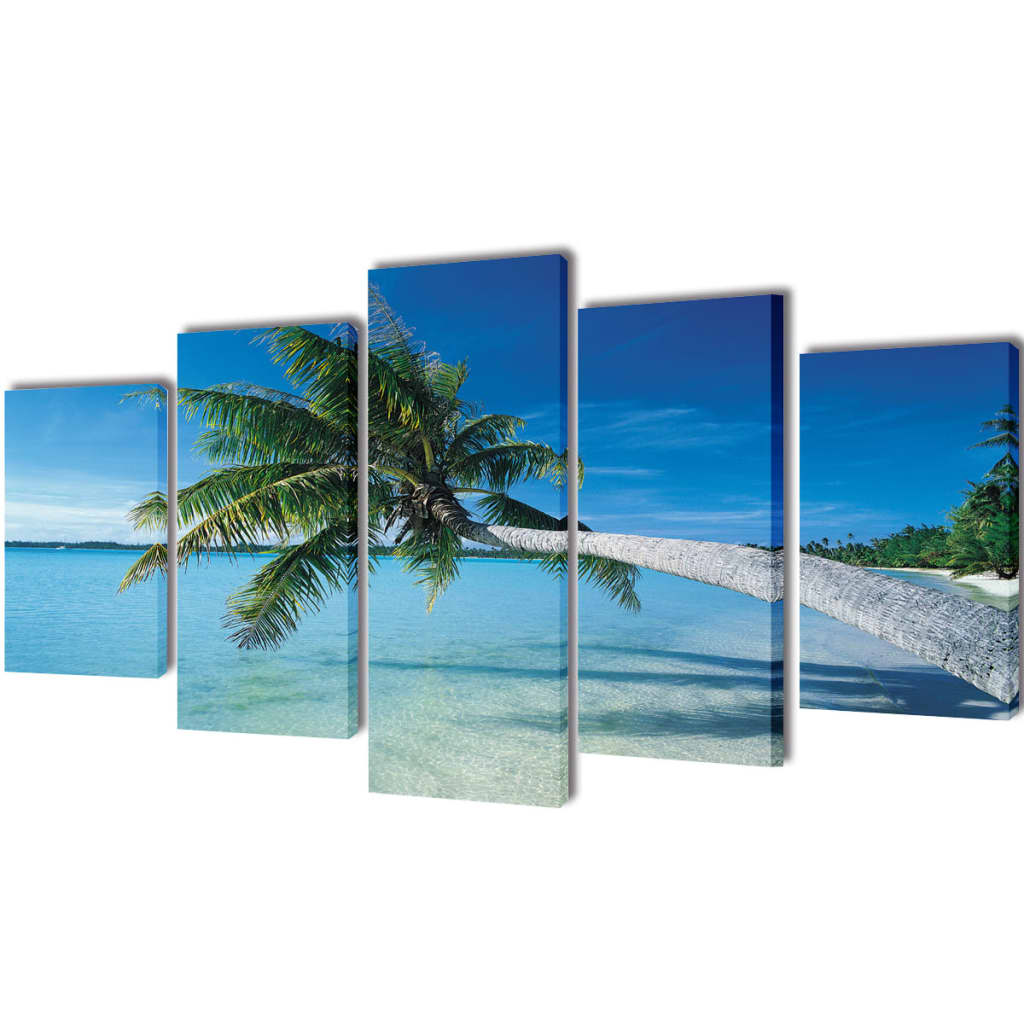 Set tablouri imprimate de pânză, plajă nisip cu palmier, 100 x 50 cm vidaXL