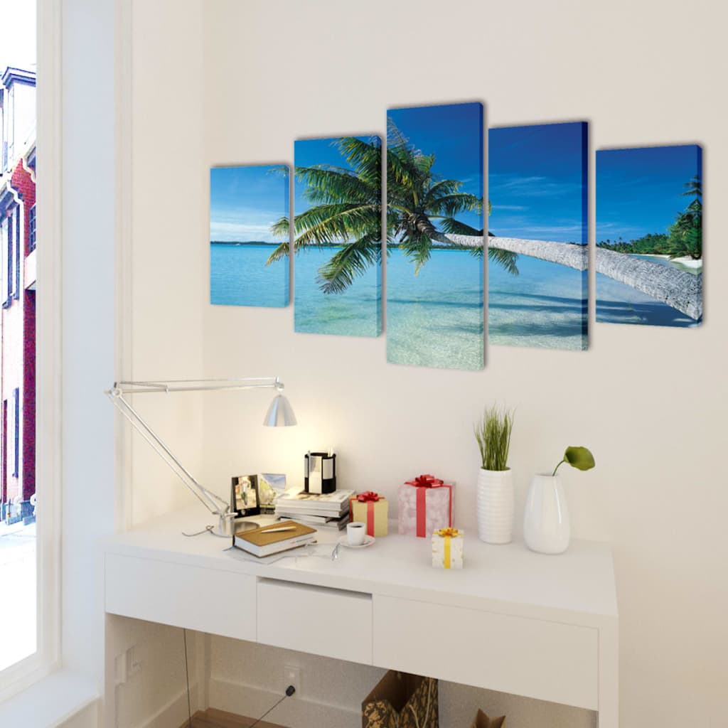 Canvas Wall Print Set Sand Beach with Palm Tree 39" x 20"