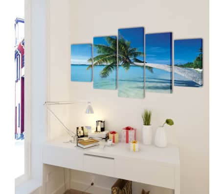 Canvas Wall Print Set Sand Beach with Palm Tree 100 x 50 cm