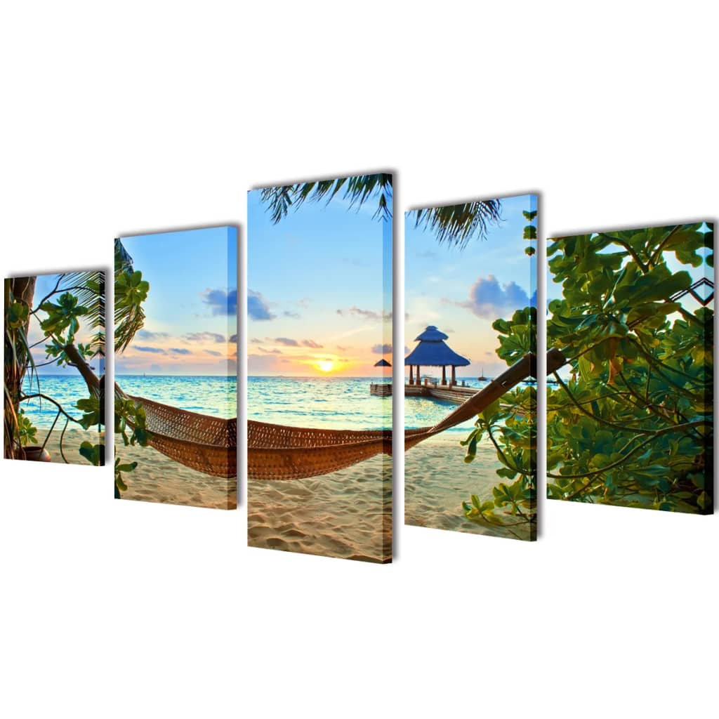 Set tablouri de perete cu imprimeu plajă cu nisip și hamac, 200x100cm vidaXL