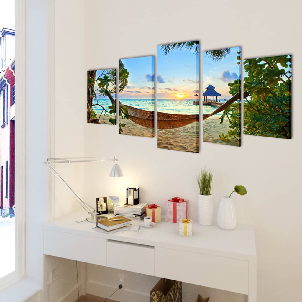 Set tablouri din pânză cu imprimeu plajă cu nisip și hamac, 200×100 cm