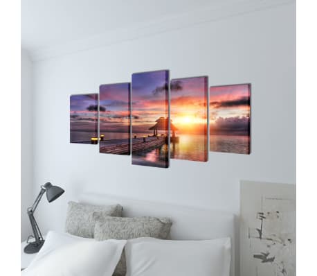 Canvas Wall Print Set Beach with Pavilion 100 x 50 cm
