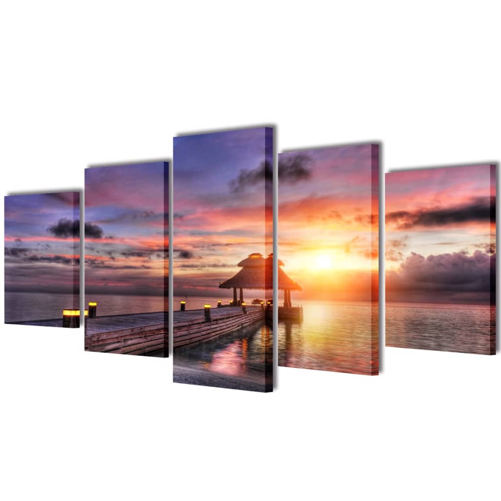 5 pz Set Stampa su Tela da Muro Spiaggia con Padiglione 200 x 100 cm