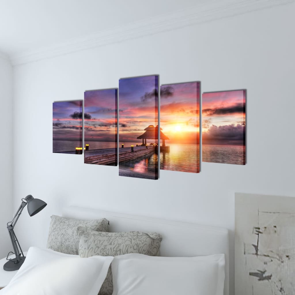 5 pz Set Stampa su Tela da Muro Spiaggia con Padiglione 200 x 100 cm