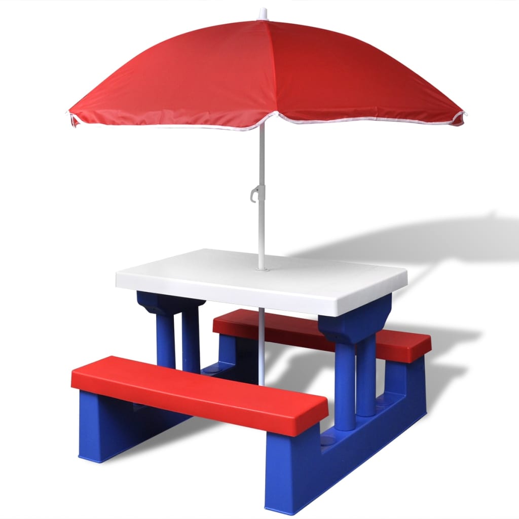 vidaXL Masă de picnic pentru copii cu bănci & umbrelă, multicolor imagine vidaxl.ro
