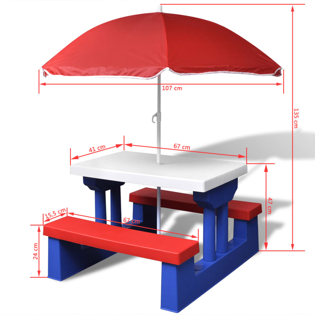 Masă de picnic pentru copii cu bănci & umbrelă, multicolor