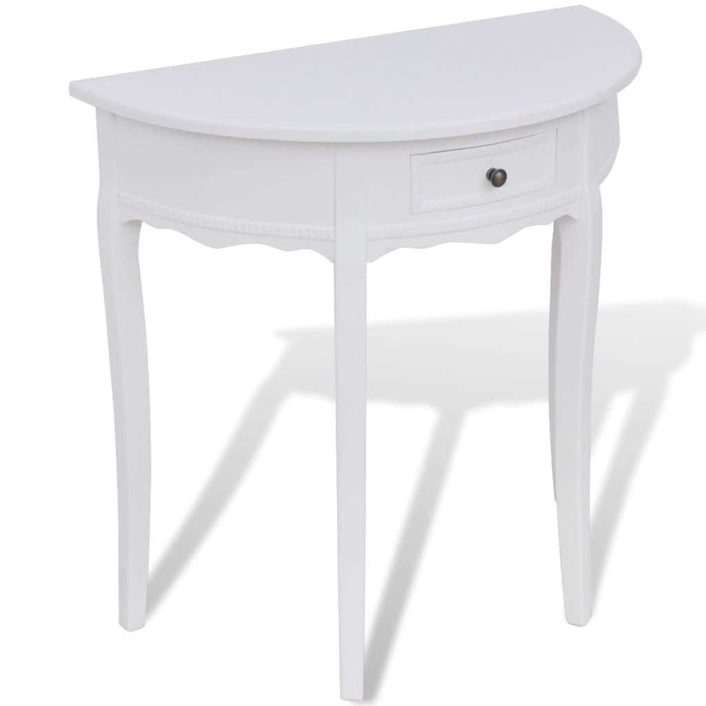 Fehér, félkör alakú, fiókos tálalóasztal 
