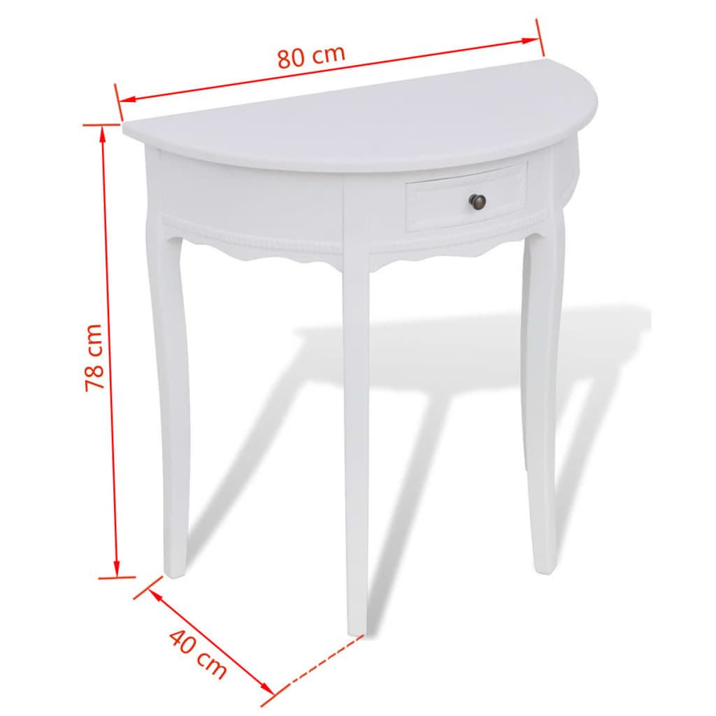 Fehér, félkör alakú, fiókos tálalóasztal 