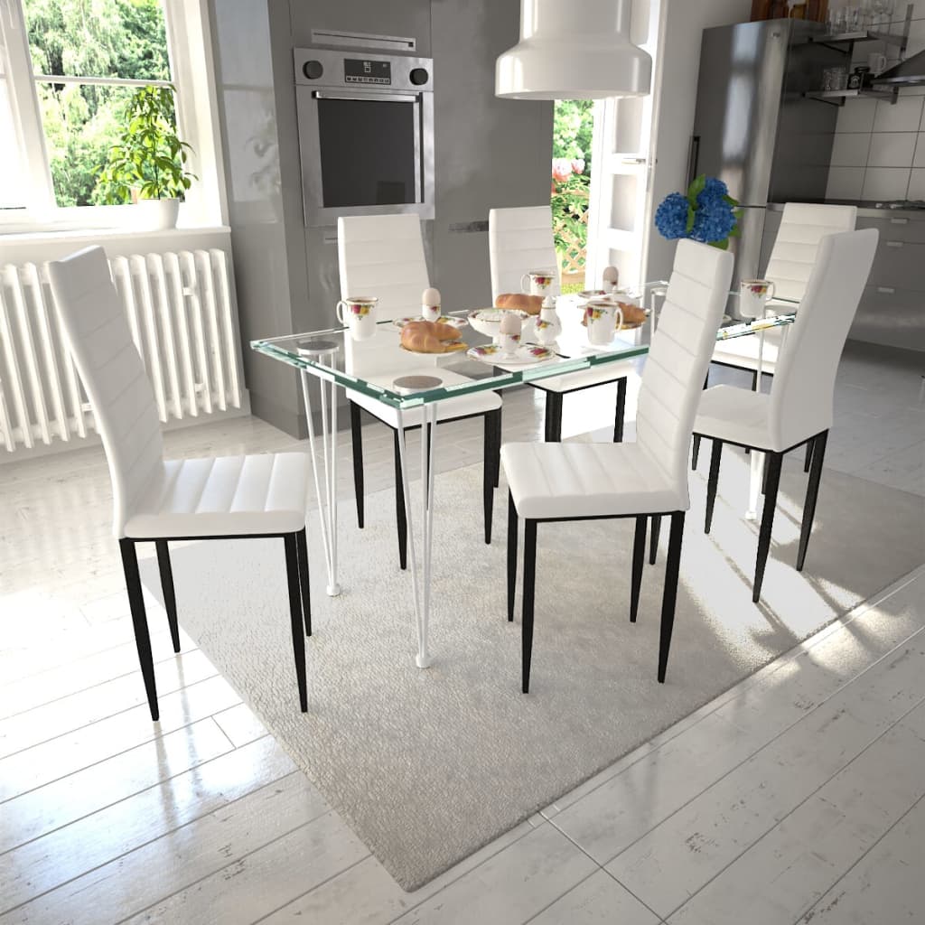 Dining Set White Slim Line Chair 6 pcs with 1 Glass Table