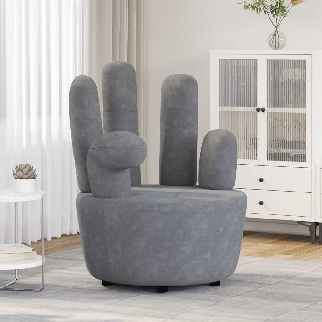 Sillón en forma de mano de terciopelo gris