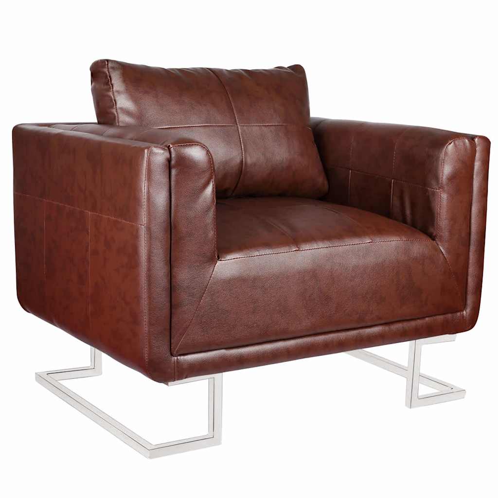 Cube Armchair with Chrome Feet Brown Leather