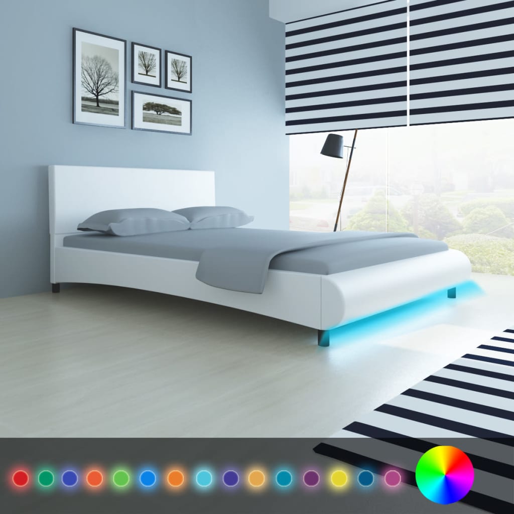 vidaXL Cadru de pat cu LED, alb, 140 x 200 cm, piele artificială