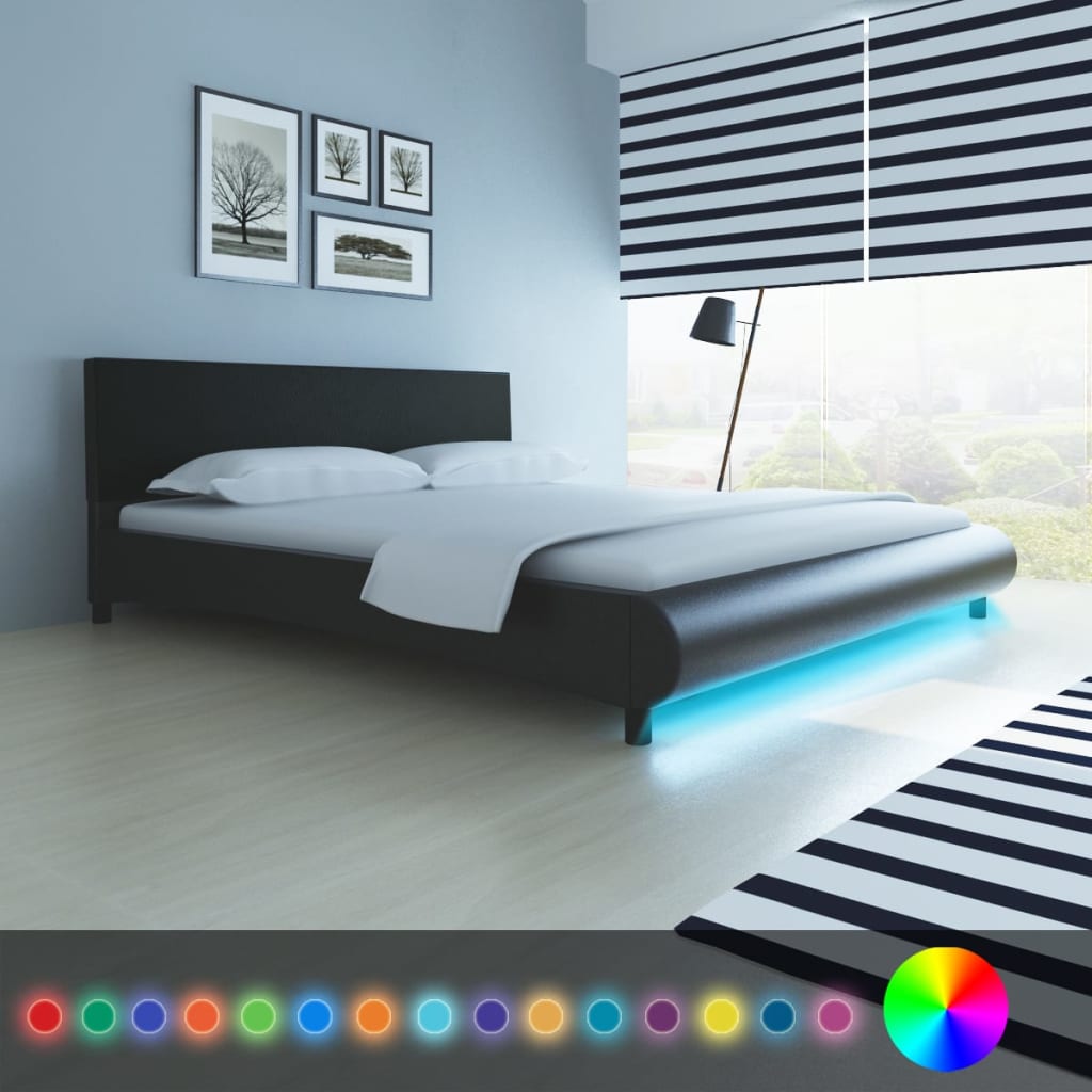 vidaXL Rama łóżka LED, czarna, sztuczna skóra, 180 x 200 cm