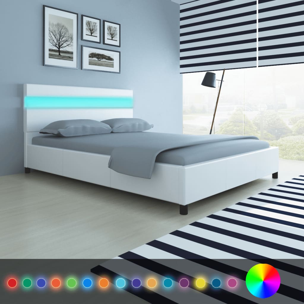 vidaXL Estrutura de cama com LED 140x200 cm couro artificial branco