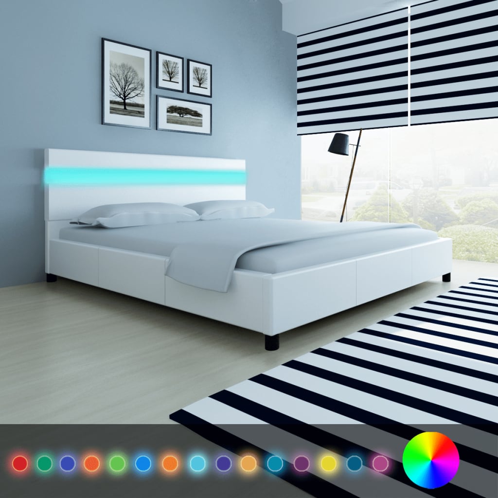 vidaXL fehér műbőr ágykeret LED csíkkal 180 x 200 cm
