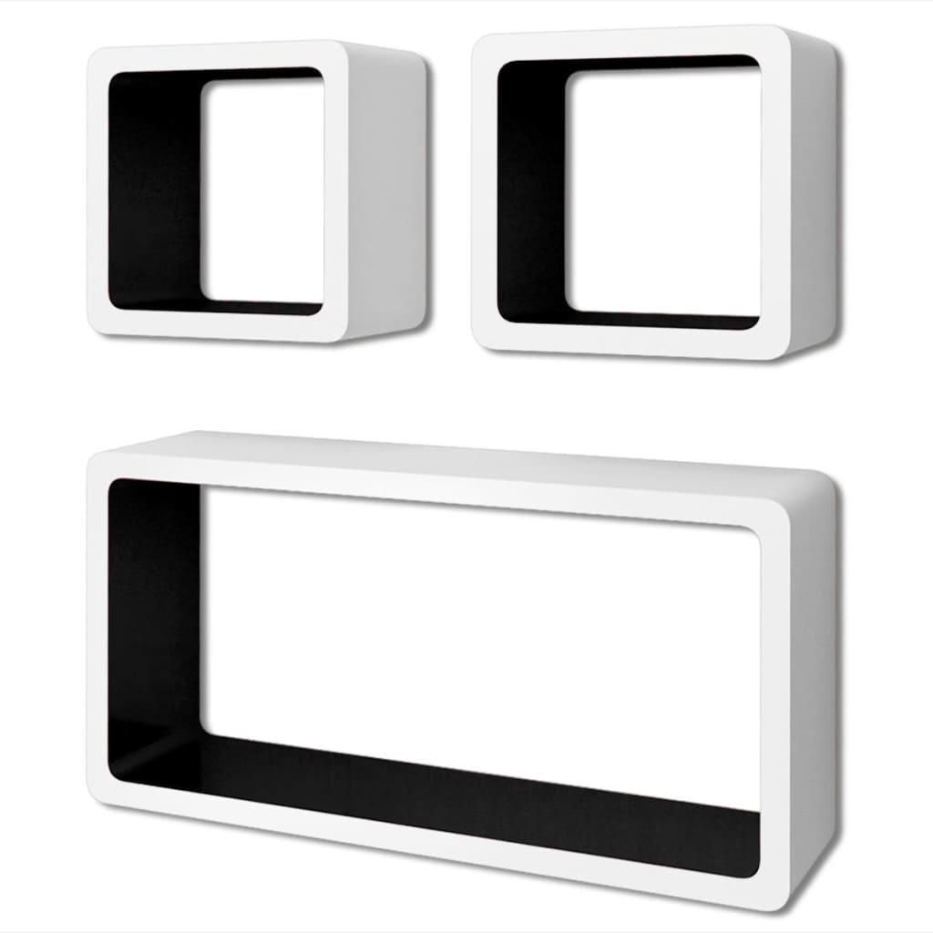 3er Set MDF Hängeregal Cube Regal für Bücher/DVD, weiß-schwarz