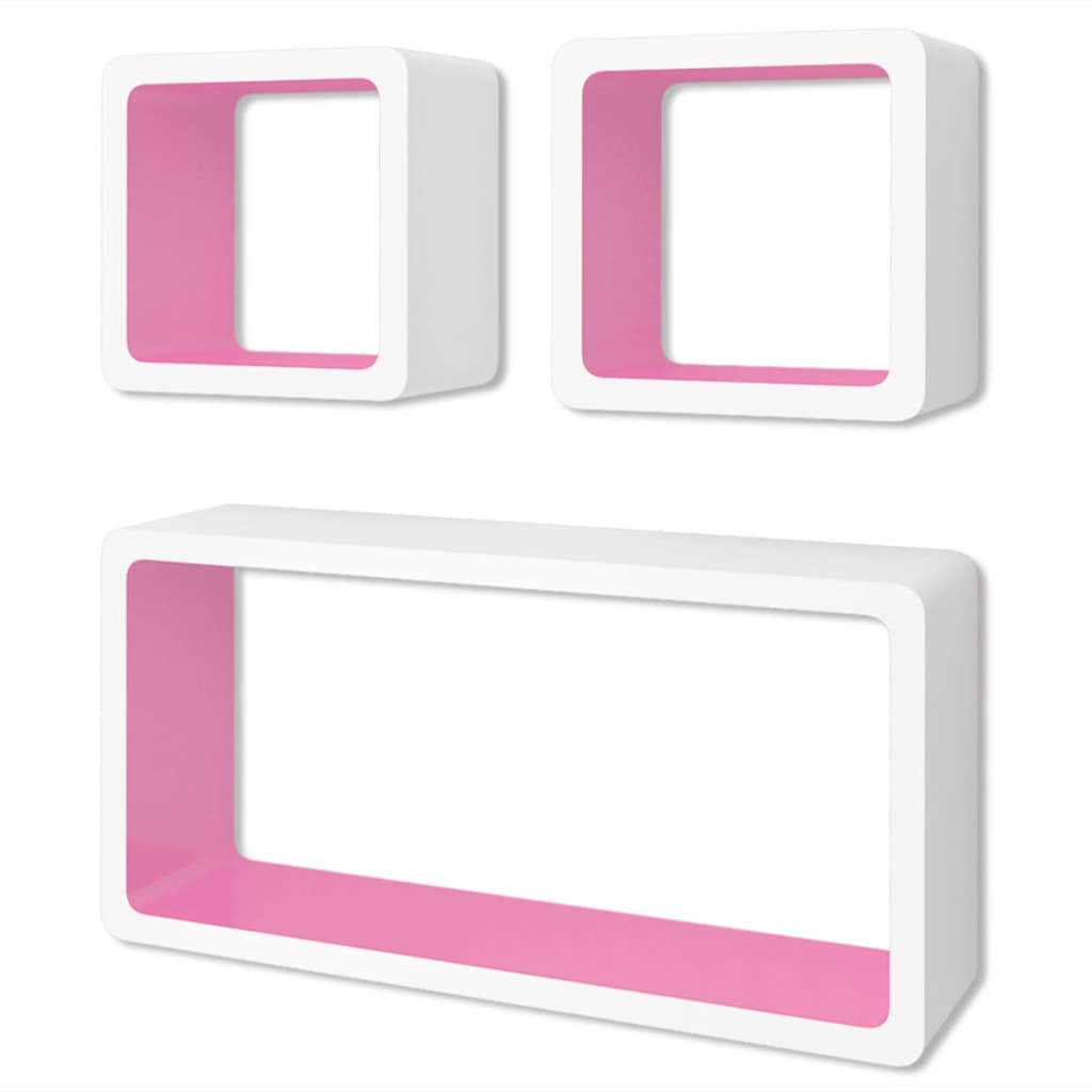 3er Set MDF Cube Regal Hängeregal Wandregal für Bücher/DVD, weiß-rosa