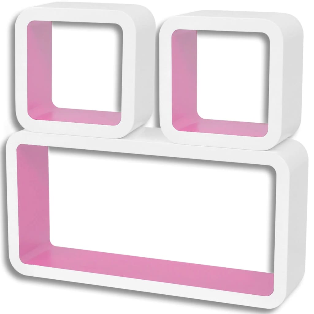 3 négyszögű fehér-rózsaszín MDF lebegő fali könyvpolc/DVD tároló