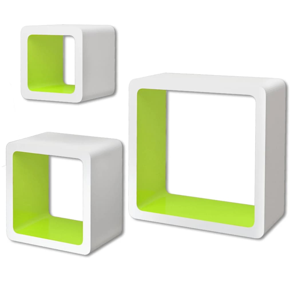 3er Set MDF Wandregal Hängeregal Cube Regal für Bücher/DVD, weiß-grün