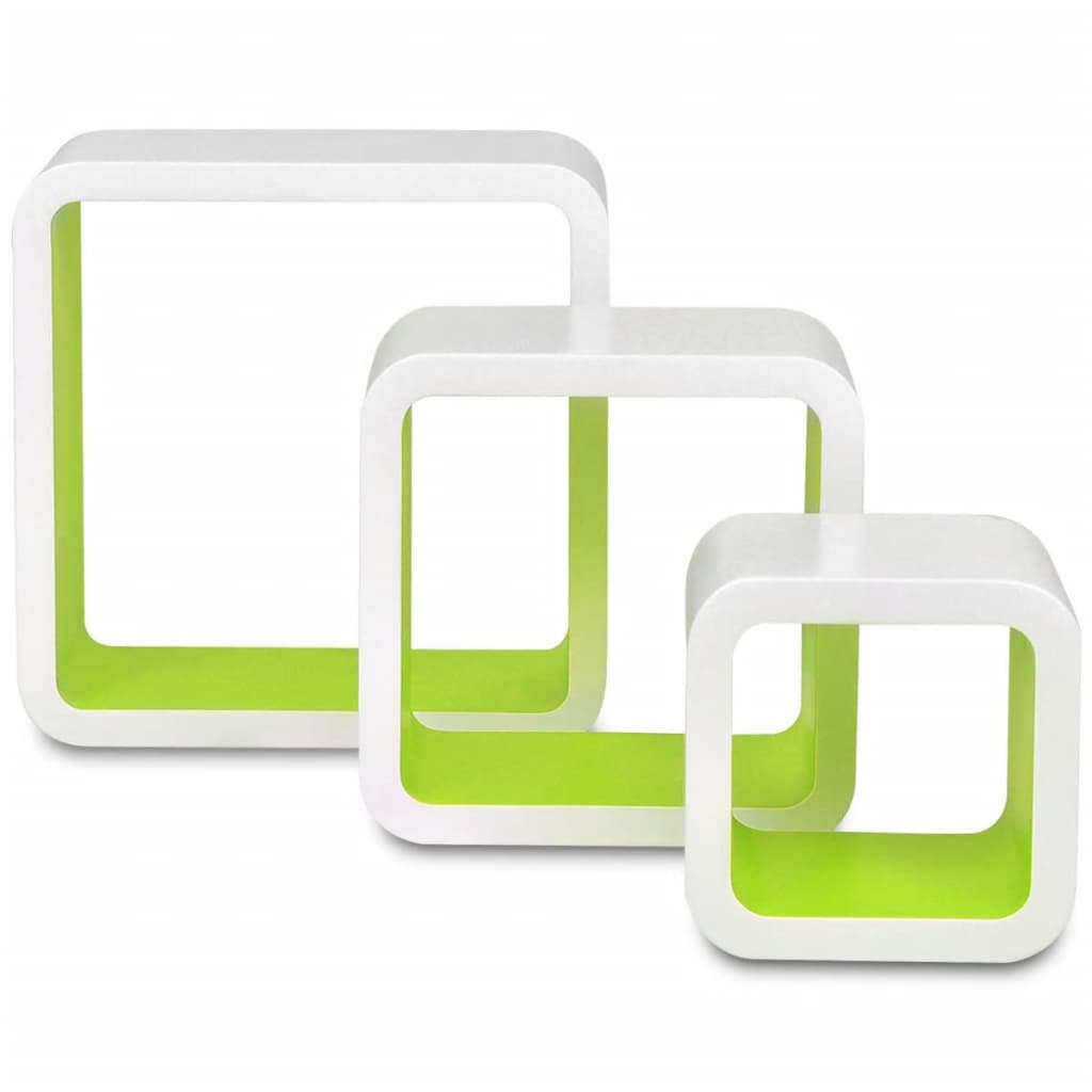 3 bielo-zelené nástenné poličky z MDF, tvar kocky, uskladnenie kníh/DVD