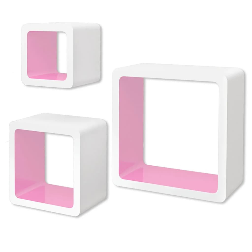 

3 White-Pink MDF Floating Wall Display Shelf Cubes Book/DVD Storage