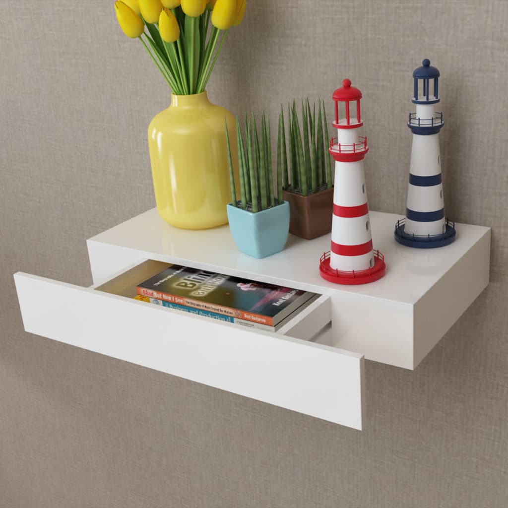 vidaXL Estante flotante pared con 1 cajón MDF blanco para libros