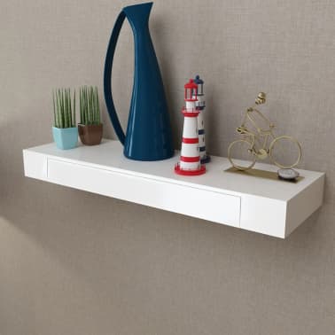 White Mdf Floating Wall Display Shelf 1 Drawer Book Dvd Storage