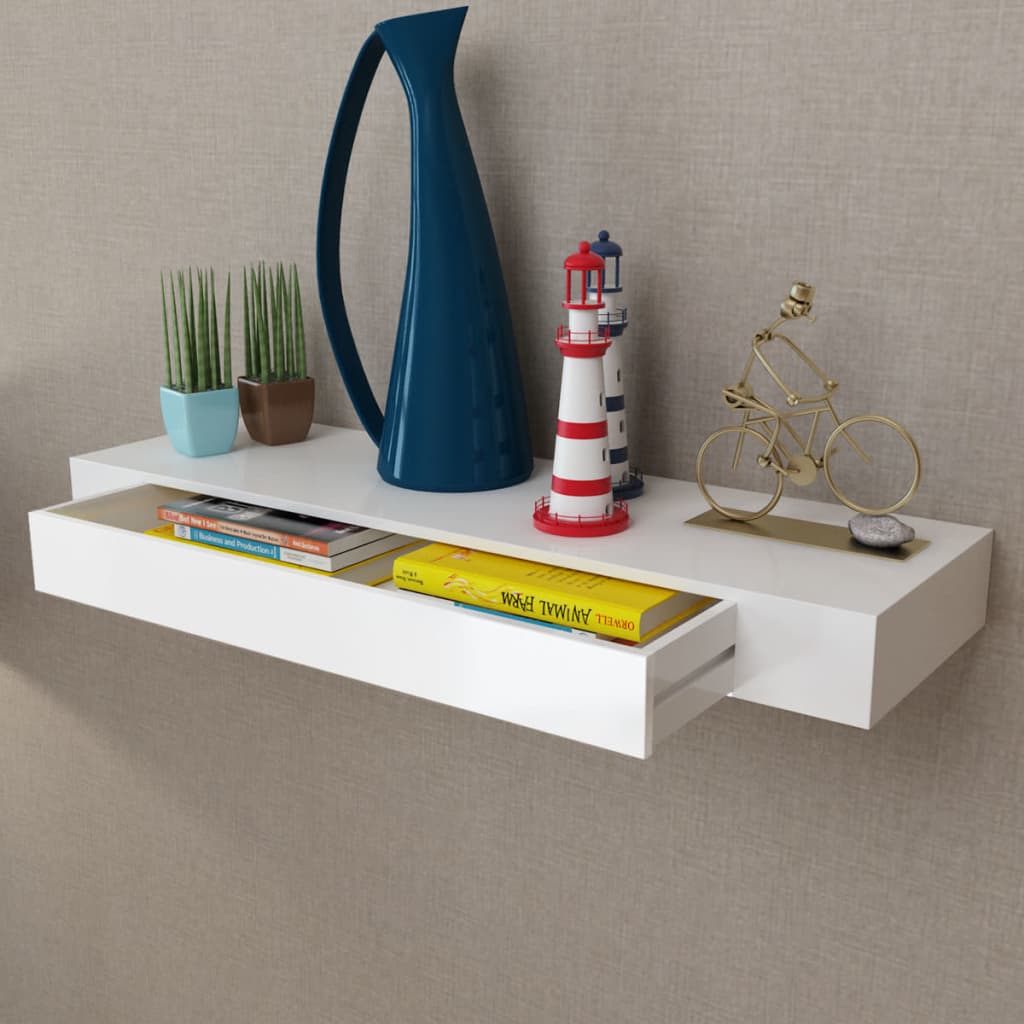 vidaXL Étagère murale avec 1 tiroir MDF Blanc Rangement de livres/DVD