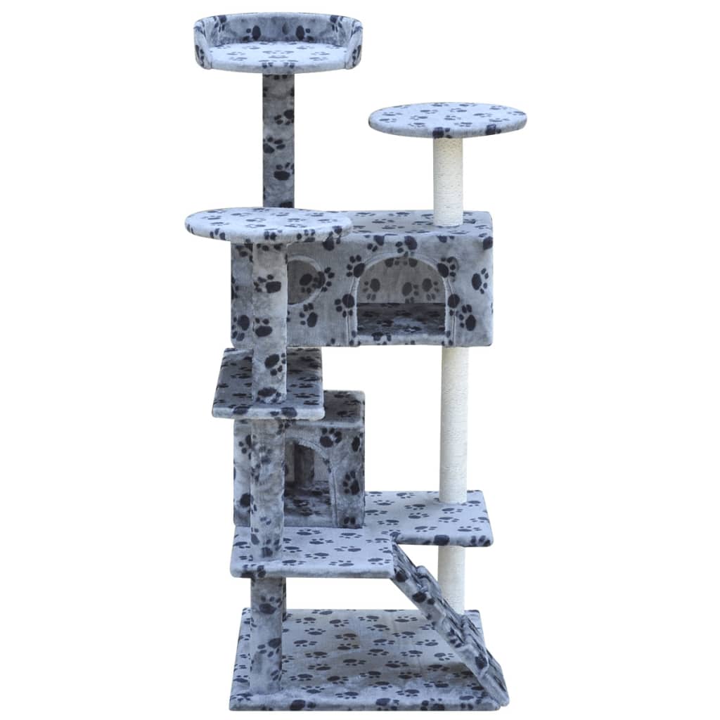 vidaXL Cat Tree Scratching Post 126 cm 2 Houses Grey with Paw Prints