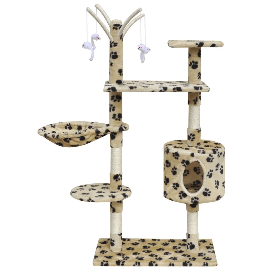 vidaXL Rascador para gatos 120 cm 1 casa beige con diseño de huellas